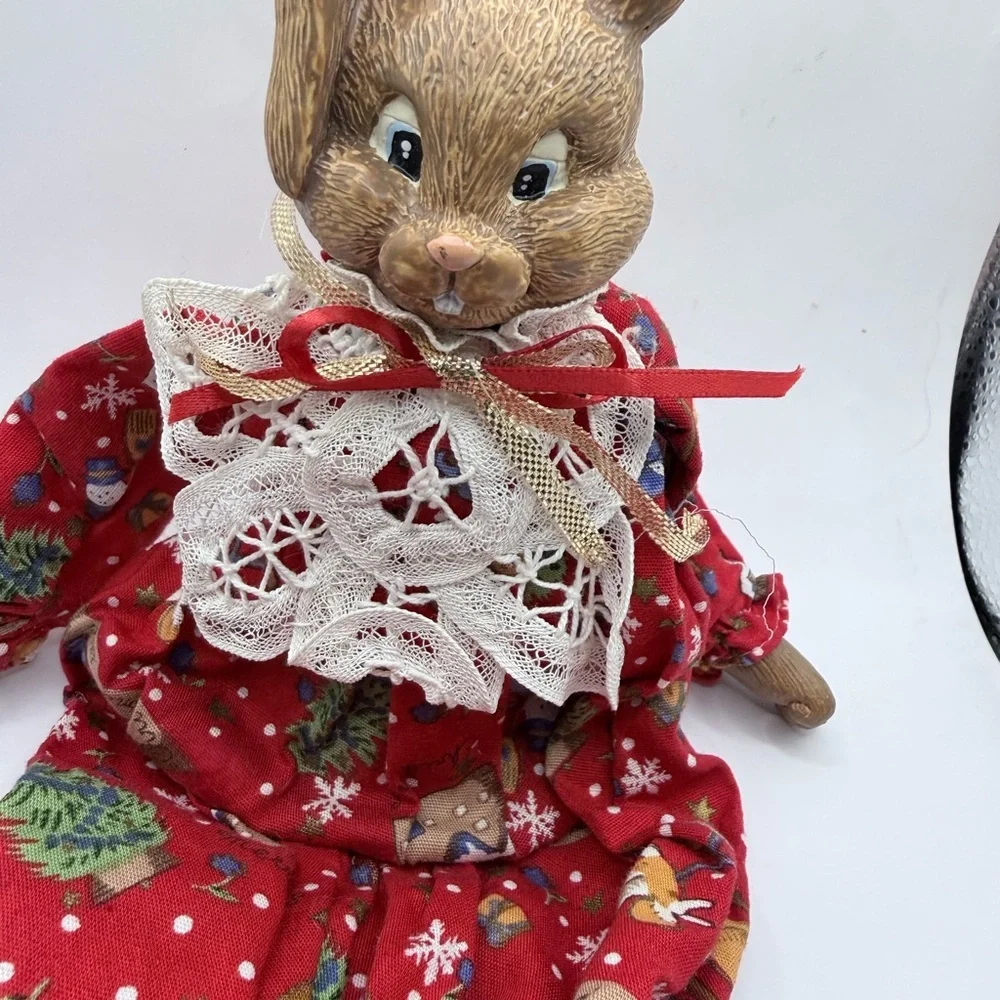 Christmas Bunny Shelve Sitter Ceramic Figurine with Lace Bow Cottage Core Decor